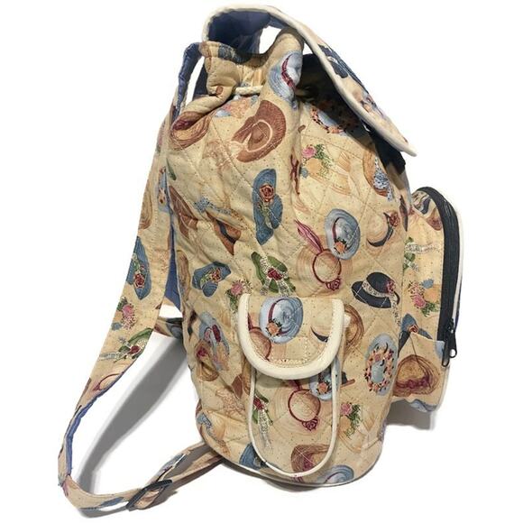 Quilted Ladies Backpack With Bonnet Hats Brown and Blue 13 x 14 - Picture 6 of 11